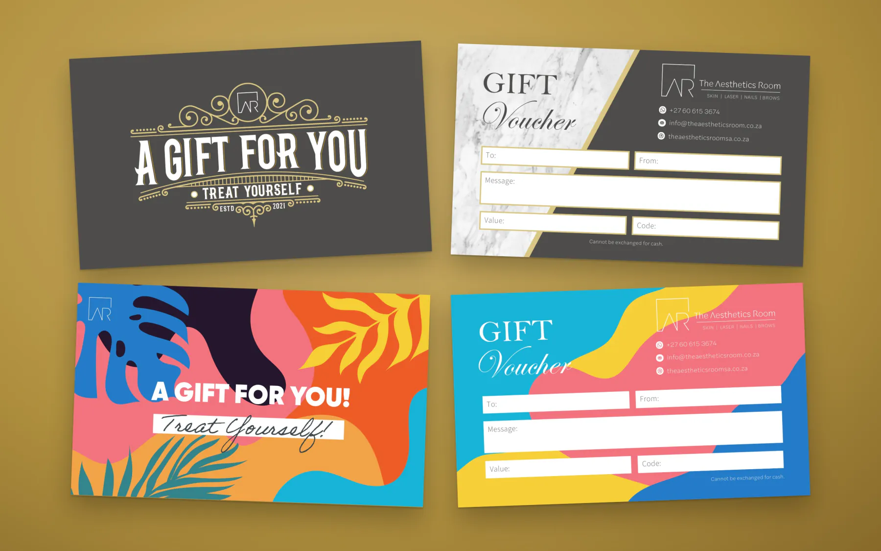 Gift vouchers, fronts and backs