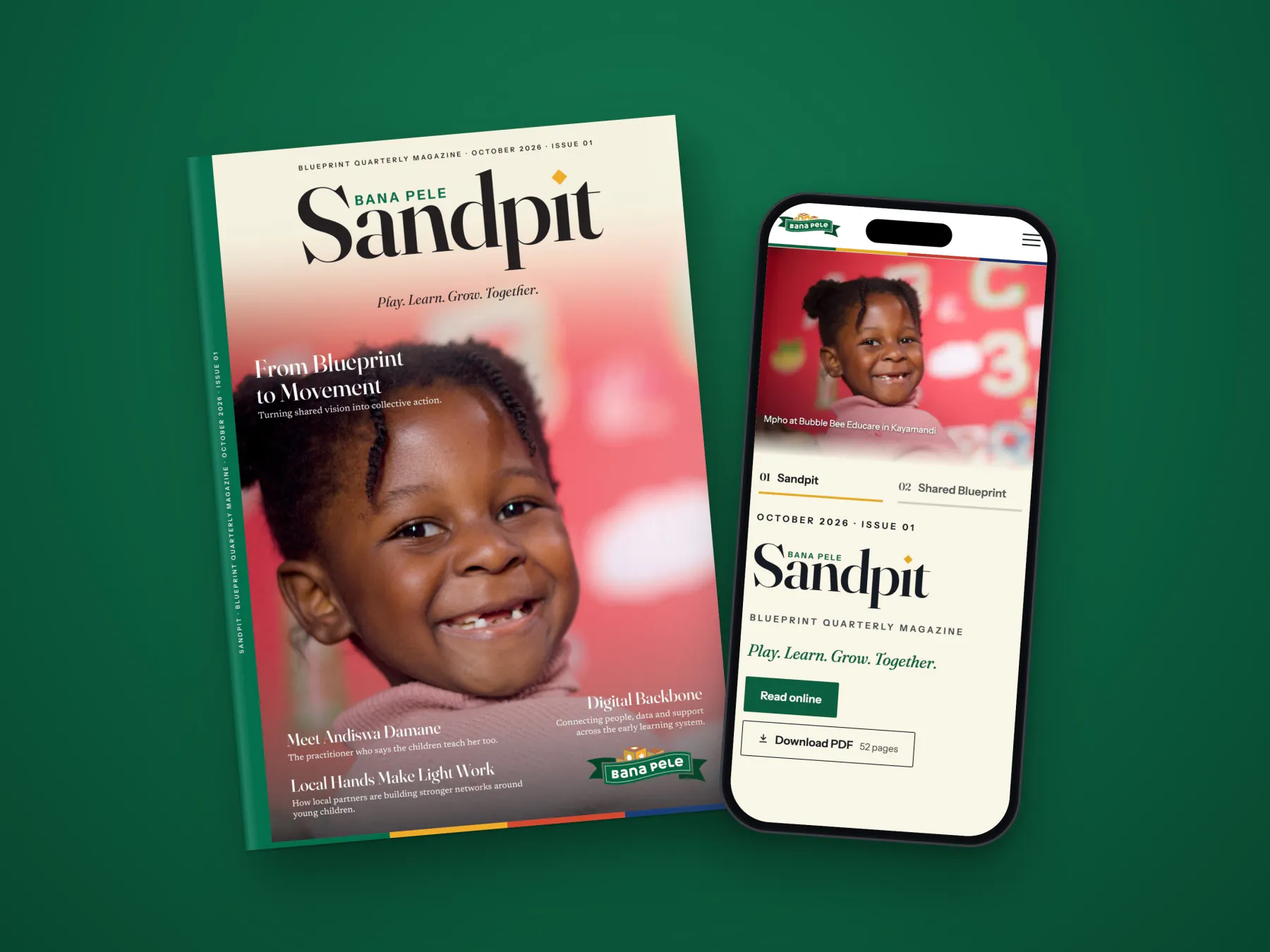 The Sandpit cover beside the web edition on a phone