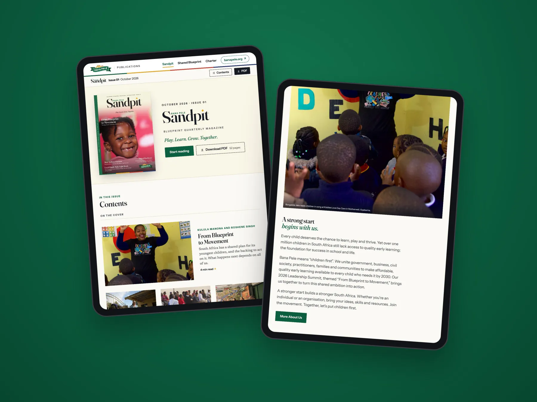 The Sandpit issue page and banapele.org on tablets