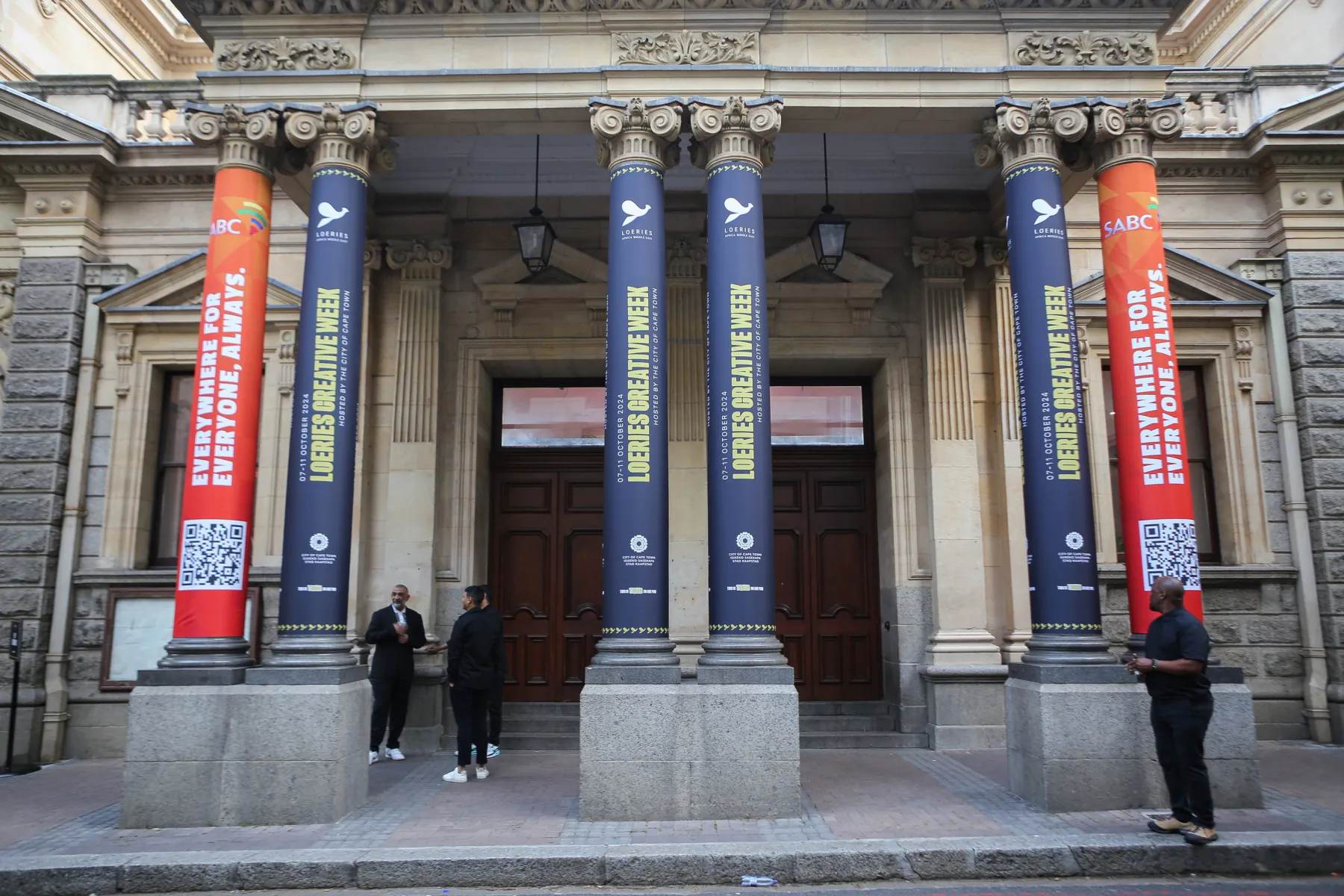 Creative Week banners on the City Hall pillars