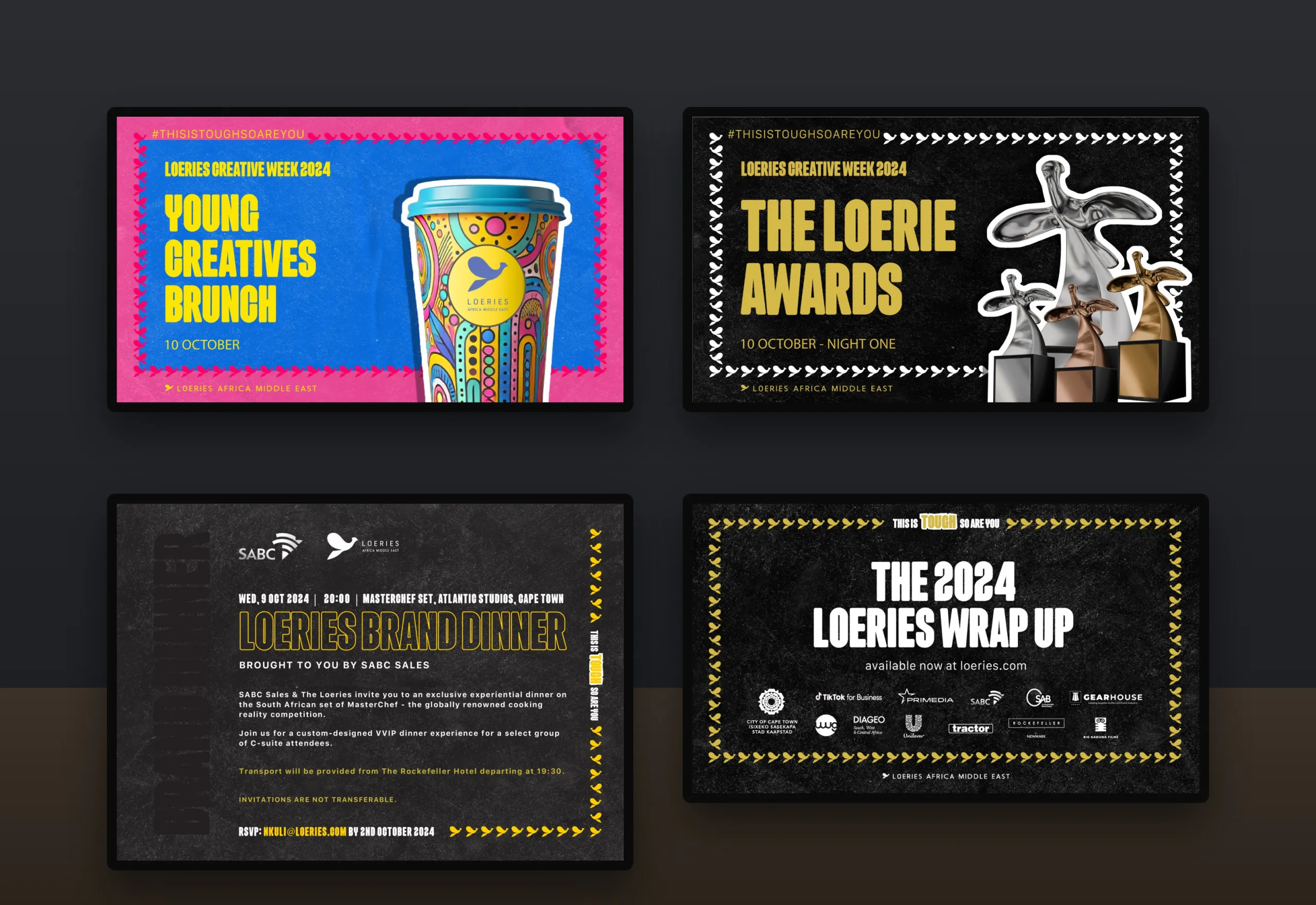 2024 event headers and the Loeries Brand Dinner invitation