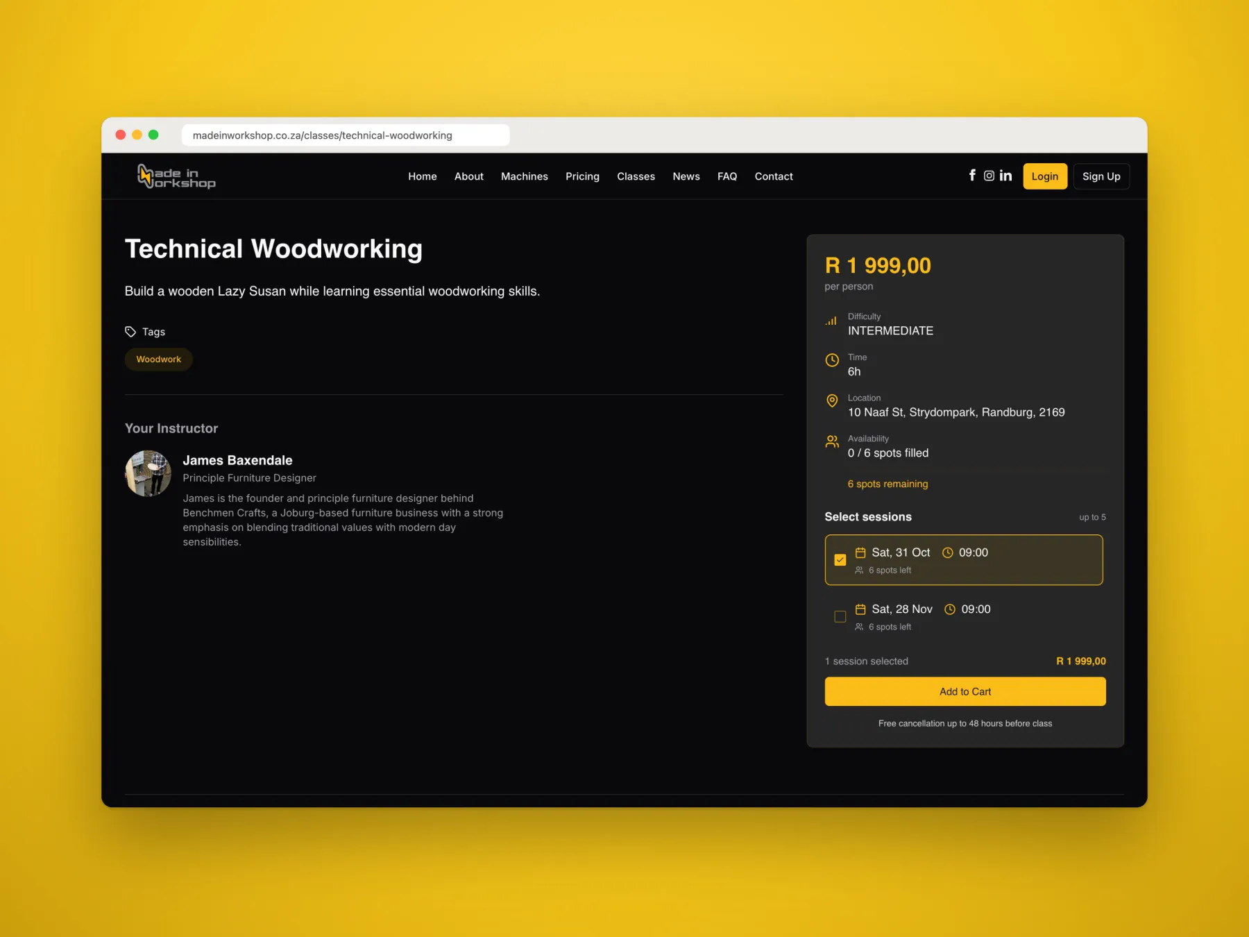Booking a class on madeinworkshop.co.za